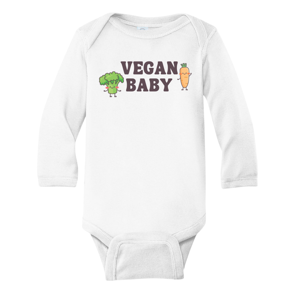 Long Sleeve Onesie showcasing a fun printed graphic of a broccoli and carrot with the text 'Vegan Baby.' Explore this vibrant tee that promotes a healthy lifestyle for children.