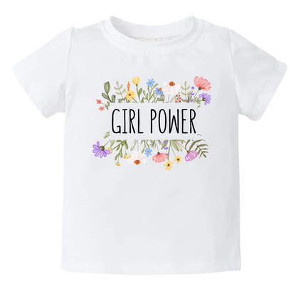 Kid's t-shirt featuring a captivating floral frame graphic and empowering text 'Girl Power.' Ideal for young girls celebrating confidence and strength. 