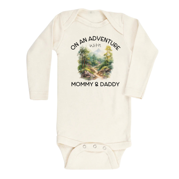 baby onesie, kids t-shirt, nature scenery, mountain graphic, family adventure, mommy and daddy