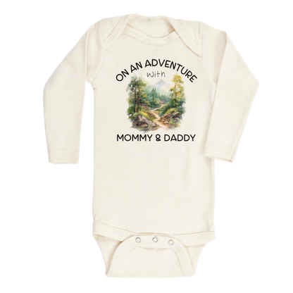 baby onesie, kids t-shirt, nature scenery, mountain graphic, family adventure, mommy and daddy