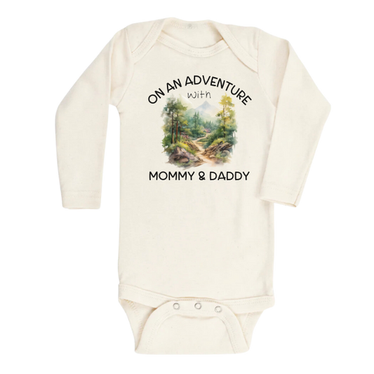 baby onesie, kids t-shirt, nature scenery, mountain graphic, family adventure, mommy and daddy