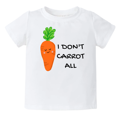 White Toddler Tshirt with carrot graphic and 'I Don't Carrot All' text. Playful and trendy shirt for children's fashion