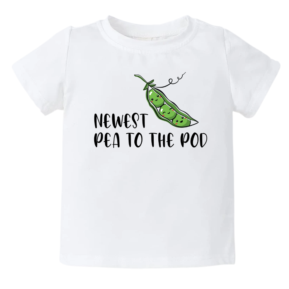 White Short Sleeve Kid Tshirt with a pea icon and the text 'Newest Pea to The Pod.' This adorable design symbolizes the arrival of a new family member, capturing the joy and excitement. Celebrate your little one with this cute and stylish tee.