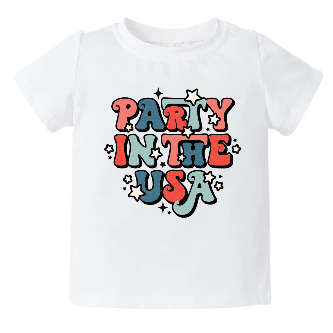 A kids' t-shirt with the vibrant text 'Party in the USA' printed on it. The design captures the festive and patriotic spirit, making it perfect for celebratory occasions. Let your child join in the fun and showcase their love for partying with this eye-catching tee