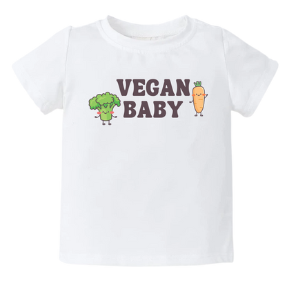 Kid's t-shirt showcasing a fun printed graphic of a broccoli and carrot with the text 'Vegan Baby.' Explore this vibrant tee that promotes a healthy lifestyle for children.