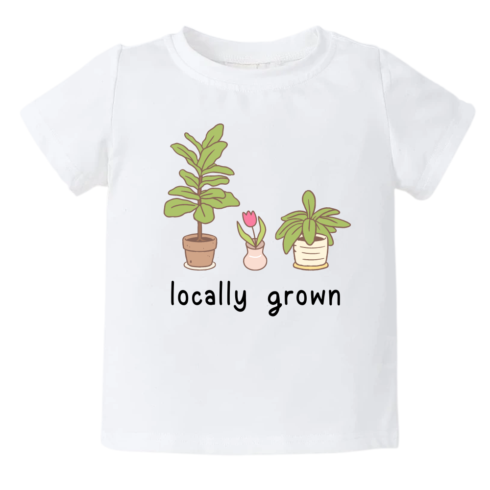 Short Sleeve White Tshirt with a succulent graphic and the text 'Locally Grown.' This design represents local pride and supports community spirit.