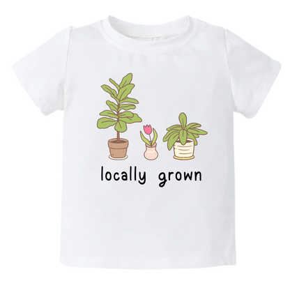 Short Sleeve White Tshirt with a succulent graphic and the text 'Locally Grown.' This design represents local pride and supports community spirit.