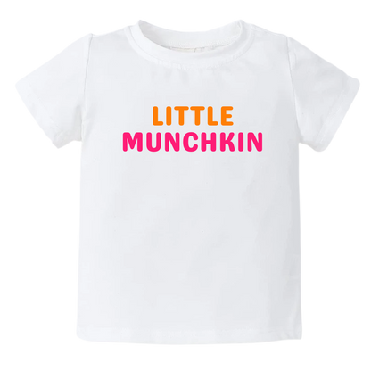 White Tshirt with the text 'little munchkin.' This adorable design adds a playful and endearing touch to your child's outfit.