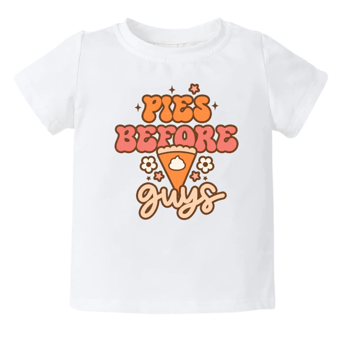 A kids' t-shirt with an adorable graphic of a cute pumpkin pie and the text 'Pie before guys.' The design represents a playful and confident attitude, celebrating the love for desserts and individuality. It's a fun and fashionable tee that showcases the wearer's unique style and personality.