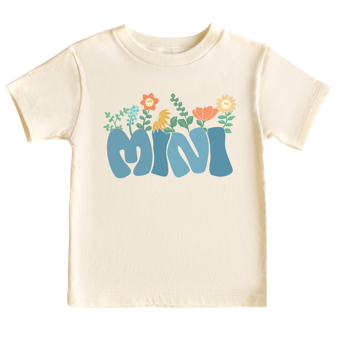 Natural Kid Tshirt with a retro blue printed graphic of the text 'Mini.' This trendy design adds a playful and vintage touch to your child's outfit.