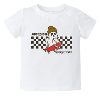 Kids' Halloween t-shirt with retro ghost boxing design.