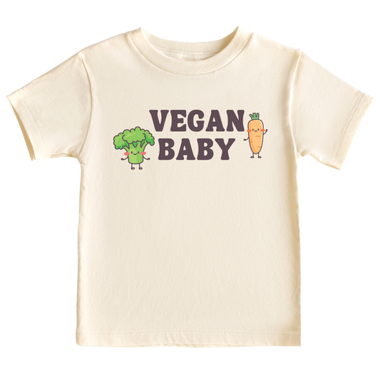 Natural Kid's t-shirt showcasing a fun printed graphic of a broccoli and carrot with the text 'Vegan Baby.' Explore this vibrant tee that promotes a healthy lifestyle for children.