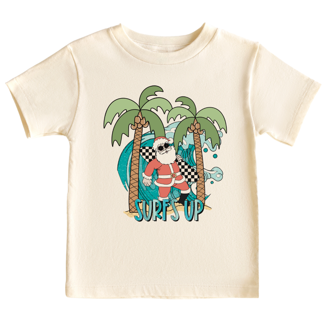 Kids' t-shirt with a funny Santa surfing graphic and the text 'Surf's Up' - perfect for adding some holiday cheer and beach vibes to their outfit.