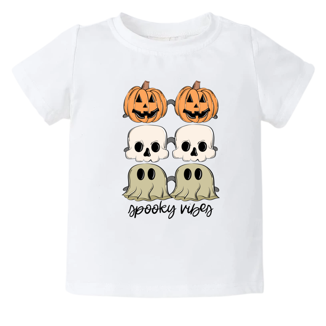 Kid's t-shirt with a cute Halloween icons design and 'Spooky Vibes' text.