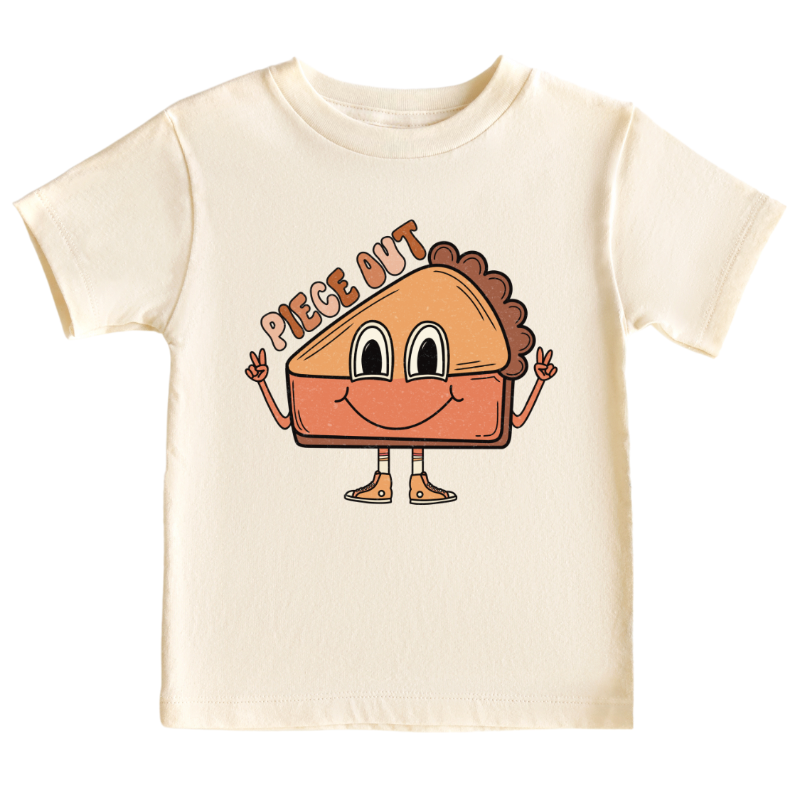 Kids' t-shirt with pumpkin pie graphic and text 'Piece Out', ideal for autumn fashion, Thanksgiving outfits, and holiday celebrations