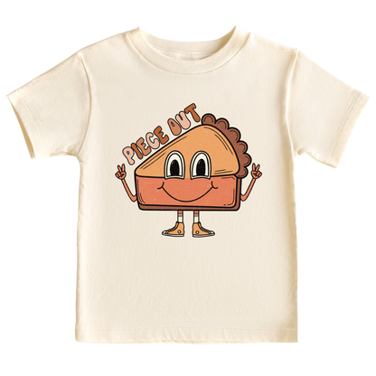 Kids' t-shirt with pumpkin pie graphic and text 'Piece Out', ideal for autumn fashion, Thanksgiving outfits, and holiday celebrations