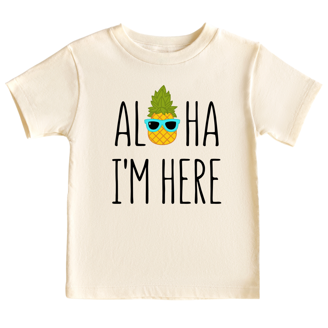 A kids' t-shirt with a pineapple wearing glasses and the text 'Aloha I'm Here.' This fun and tropical design captures the playful spirit, adding a vibrant touch to the wearer's style.