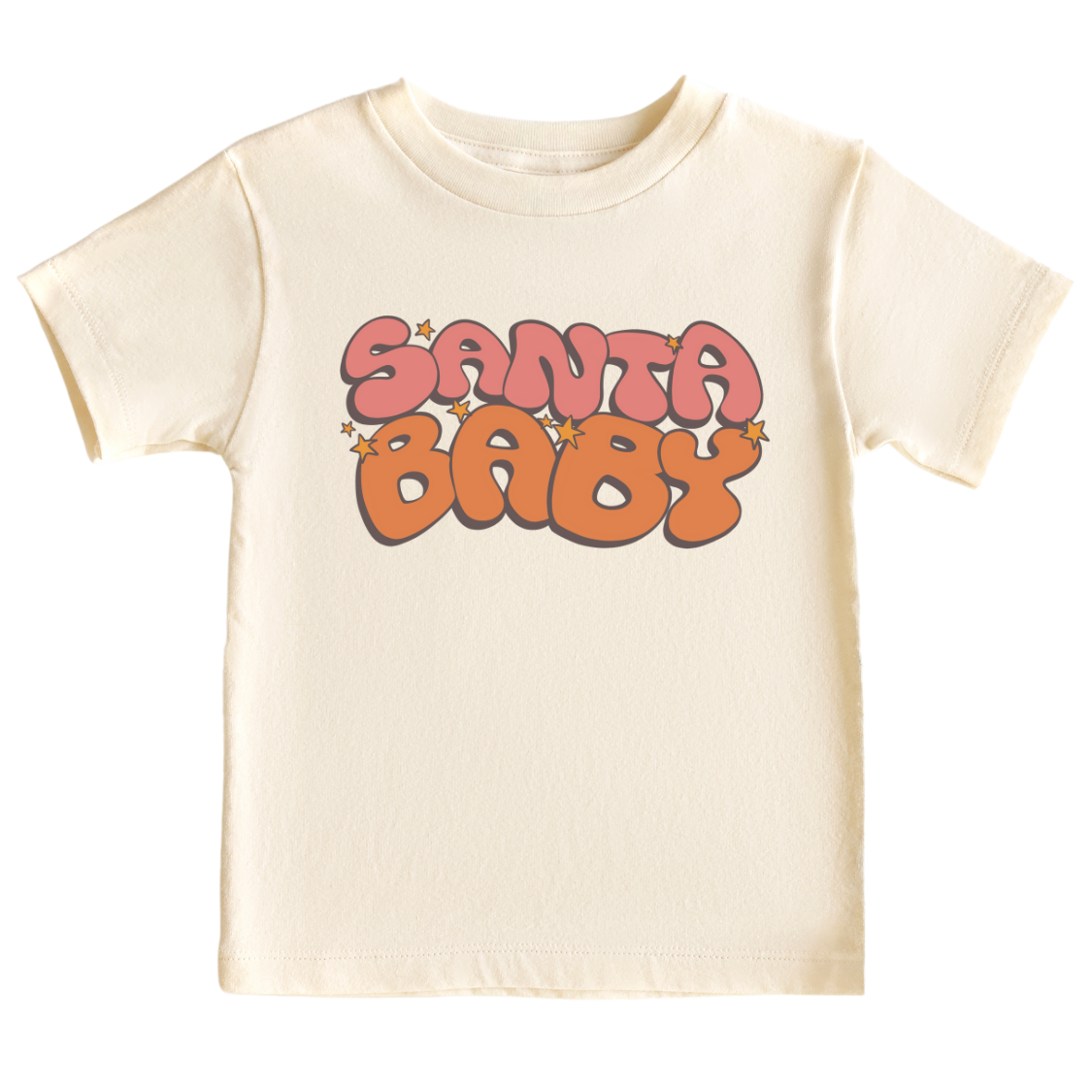 Beige Kid Tshirt with a retro printed graphic and the text 'Santa Baby.' This festive and charming design is perfect for the Christmas season.