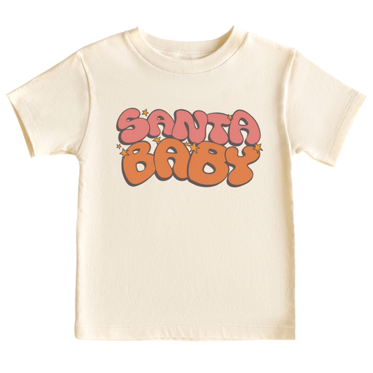 Beige Kid Tshirt with a retro printed graphic and the text 'Santa Baby.' This festive and charming design is perfect for the Christmas season.