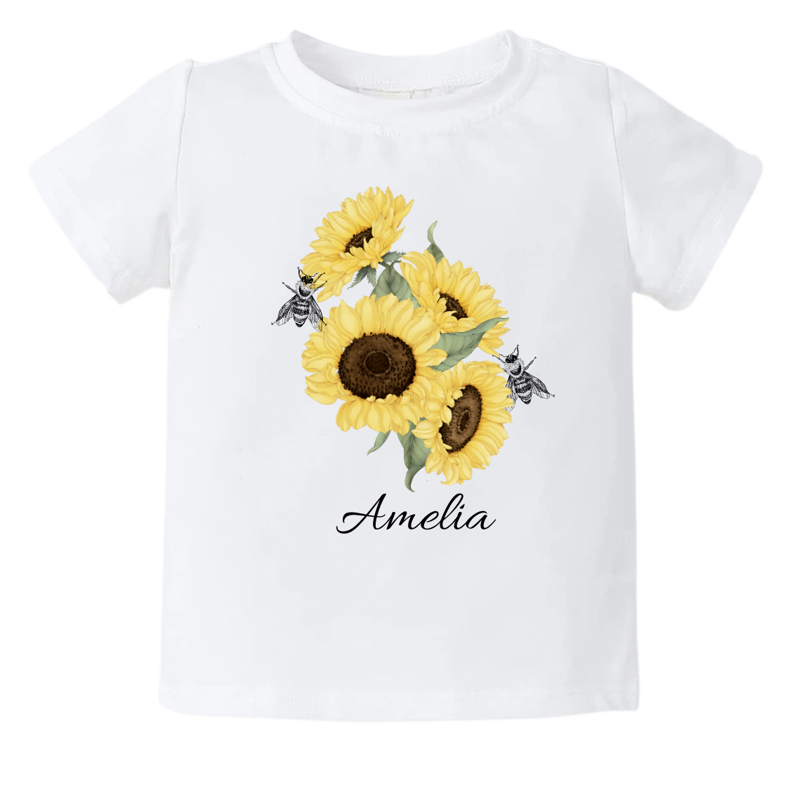 A kid's t-shirt with a cute printed graphic of sunflowers and bees, personalized with a customized name. This delightful tee is stylish, comfortable, and made from high-quality materials. 