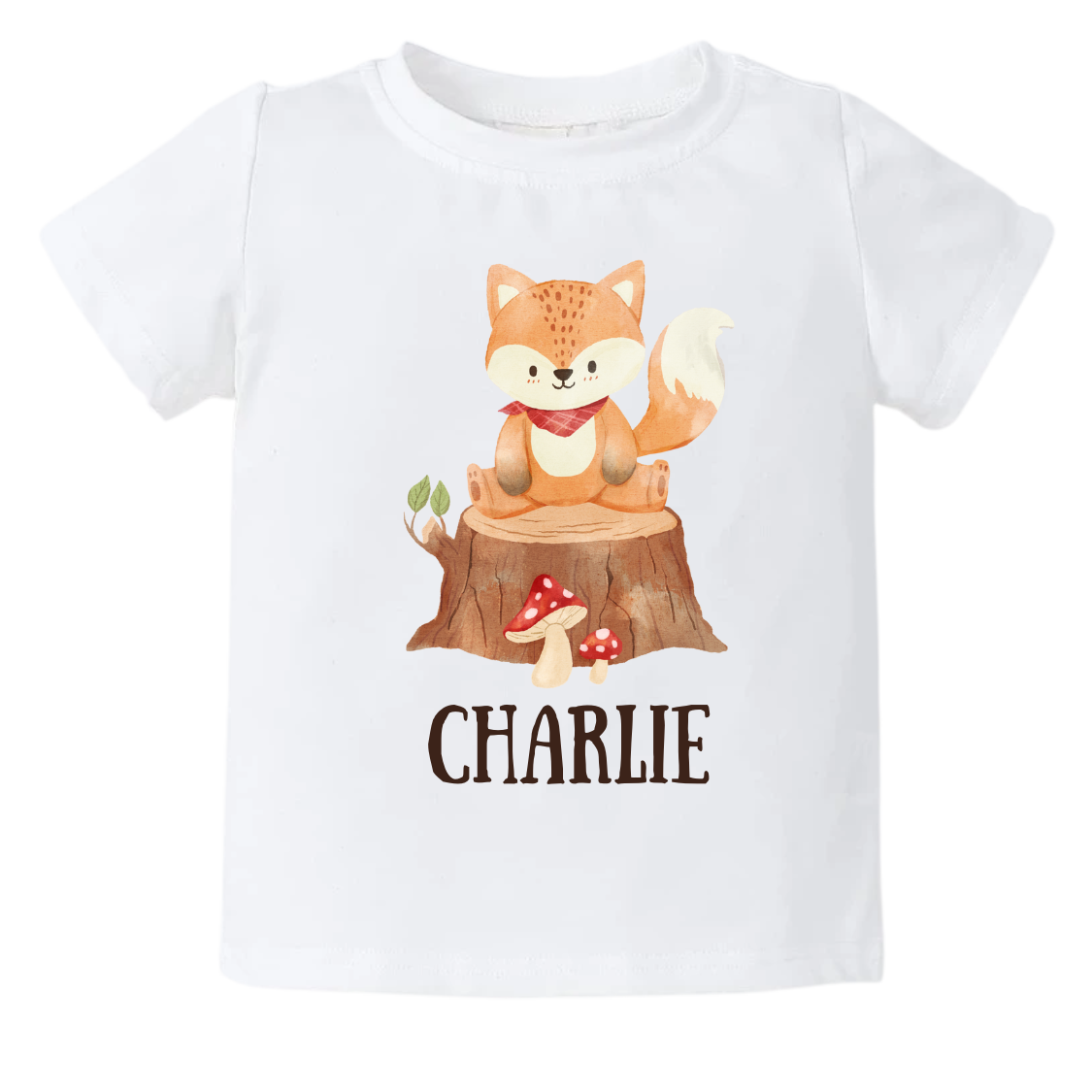 A delightful fox design on a kid's t-shirt and baby onesie, perfect for nature enthusiasts. The design can be personalized with customizable names, adding a touch of charm and creating cherished memories with your little one.