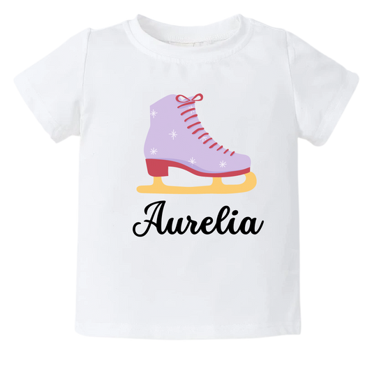 Kid Tshirt with cute ice skating shoe design and customizable name.