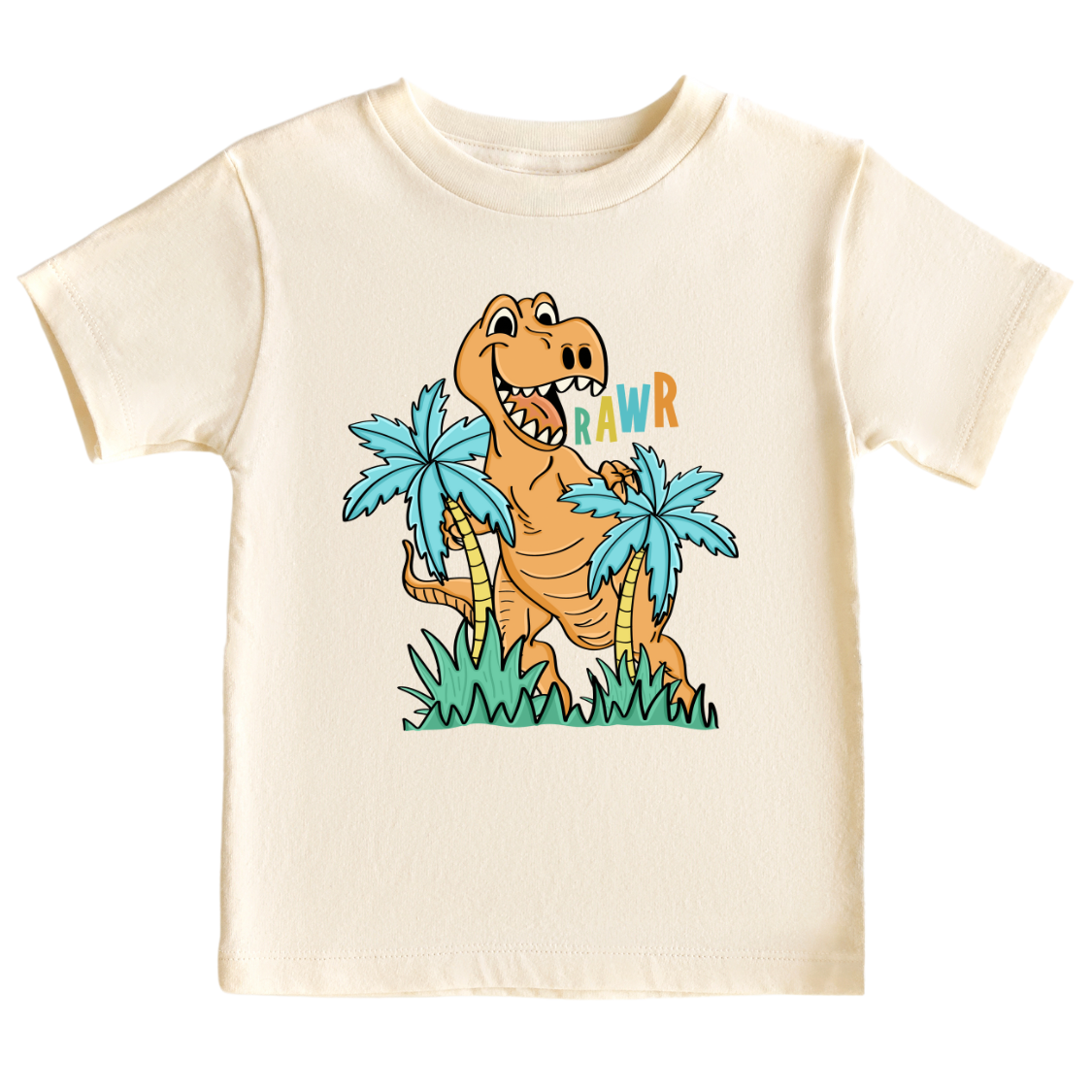 Natural Kid's t-shirt with a cute dinosaur graphic and the text 'Rawr'.