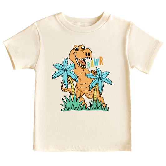 Natural Kid's t-shirt with a cute dinosaur graphic and the text 'Rawr'.