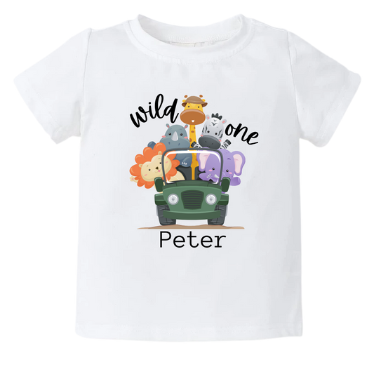 Kid's t-shirt and baby onesie with cute car and animals design, perfect for little adventurers.