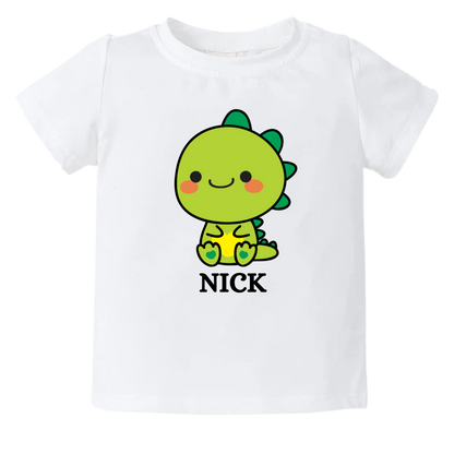 Kid's t-shirt and baby onesie with cute dinosaur design, customizable with names for a personal touch.