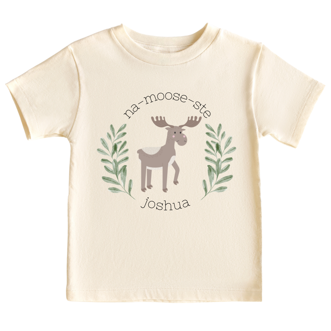 Kid's t-shirt with a retro moose design and 'Na-Moose-Ste' text, customizable with names.