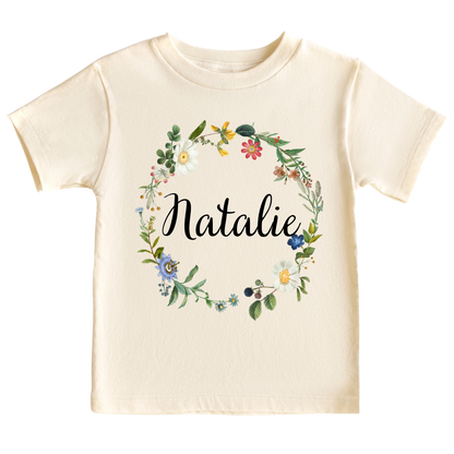 Kid Tshirt with cute floral wreath design and customizable text 'Name'.