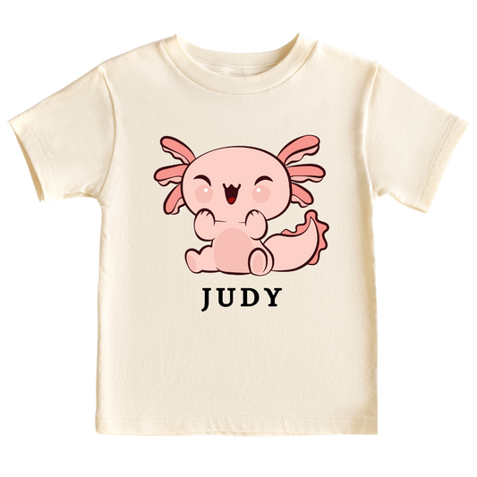 An adorable axolotl design on a kid's t-shirt and baby onesie, perfect for animal enthusiasts. The design can be personalized with customizable names, adding a touch of charm and creating lovable moments with your little one.