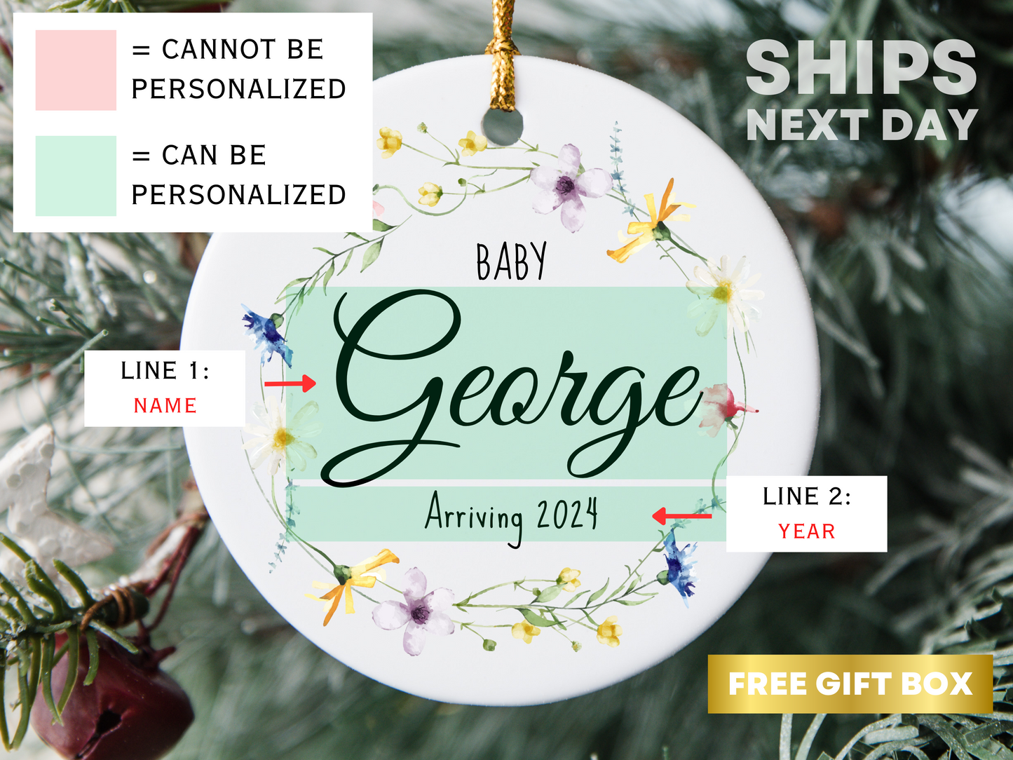 Personalized Baby Gift, Birth Announcement Ornament, Baby Name Arriving Ornament 2023, Baby Reveal Ideas, Custom Christmas Ornament