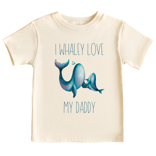 Natural Kid's t-shirt with a cute printed design of a Parent and Kid Whale, customizable with the text 'I Whaley Love My Dad'