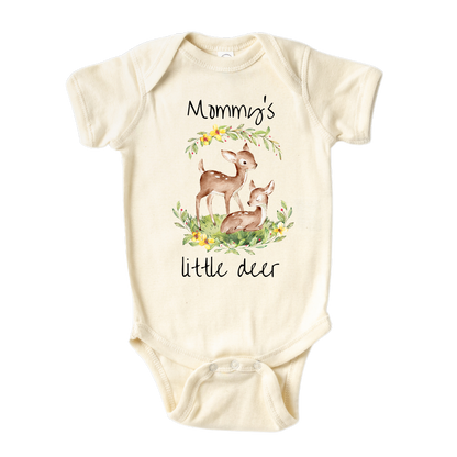 Natural Onesie with a cute printed design of a Parent and Kid Deer, customizable with the text 'Mommy's Little Deer'