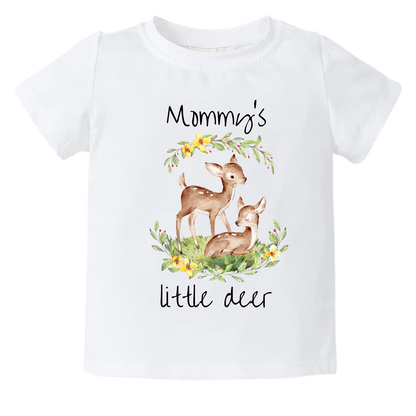 Kid's t-shirt with a cute printed design of a Parent and Kid Deer, customizable with the text 'Mommy's Little Deer'