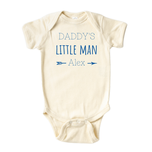 Natural Onesie with customizable name option and the text 'Daddy's Little Man'.