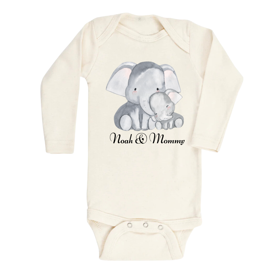 Natural Long Sleeve Onesie with a cute printed design of an Elephant family, customizable with name & 'Mommy' text.