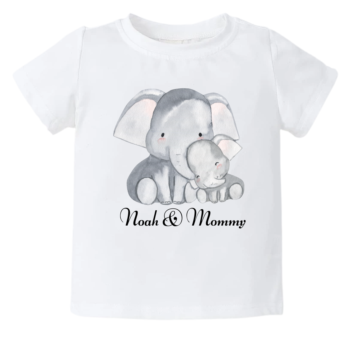 Kid's t-shirt with a cute printed design of an Elephant family, customizable with name & 'Mommy' text.