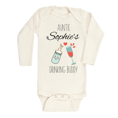 Long Sleeve Onesie Natural Baby with a cute printed design of a wine glass and a milk bottle, customizable with the text 'Aunt's Drinking Buddy'.