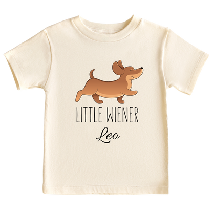 Kid's t-shirt with a cute Dachshund design and 'Little Wiener' text, customizable with names.