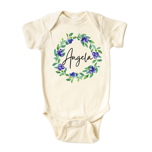 Baby Onesie - Baby Bodysuit - Natural Baby Clothes - Long Sleeve Baby Onsie with a cute blueberry floral wreath design, customizable with names.