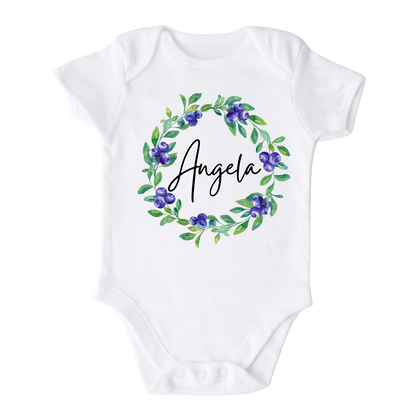 Baby Onesie - Baby Bodysuit - Natural Baby Clothes - Long Sleeve Baby Onsie with a cute blueberry floral wreath design, customizable with names.