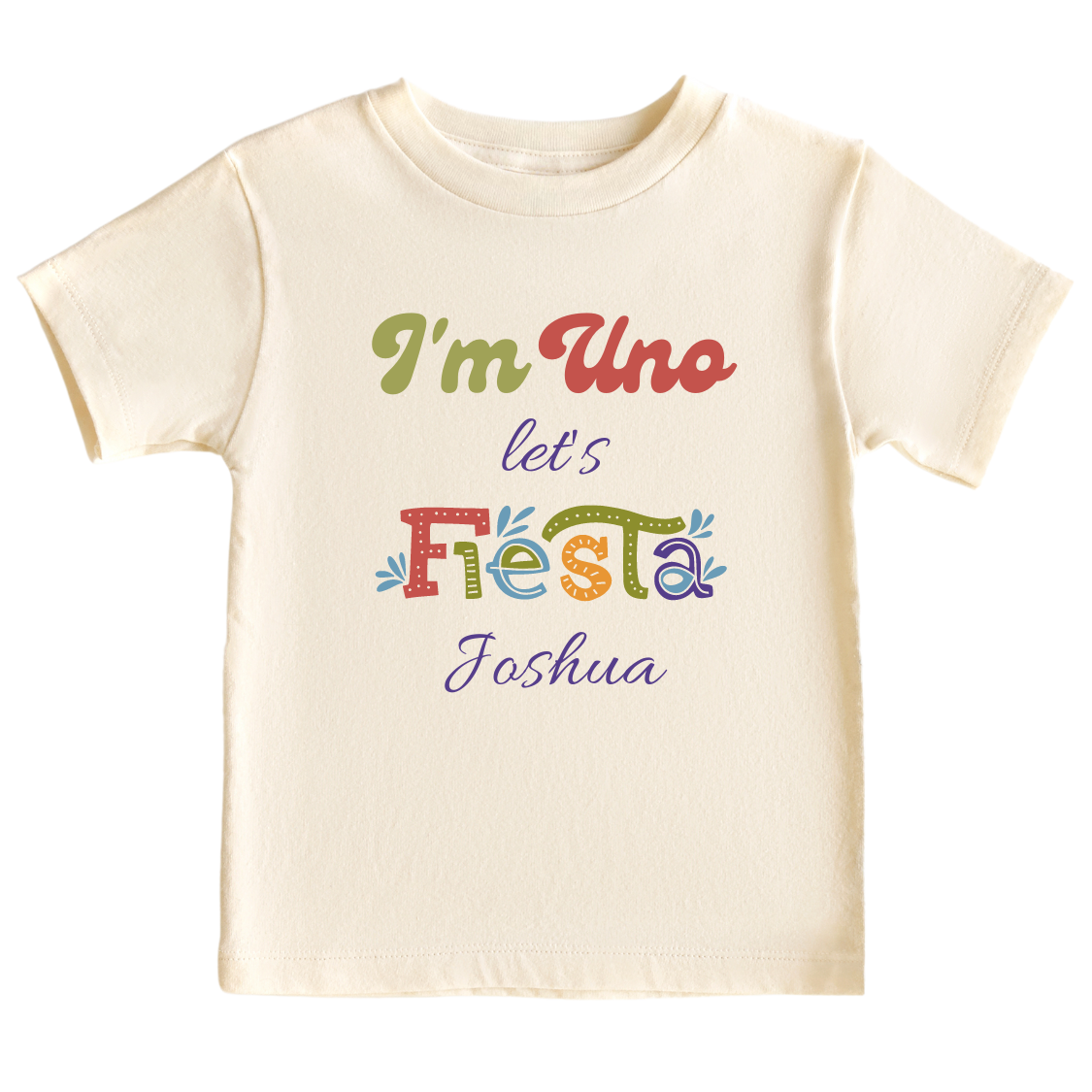 Kid's t-shirt with a cute 'I'm Uno Let's Fiesta' design, customizable for personalization.