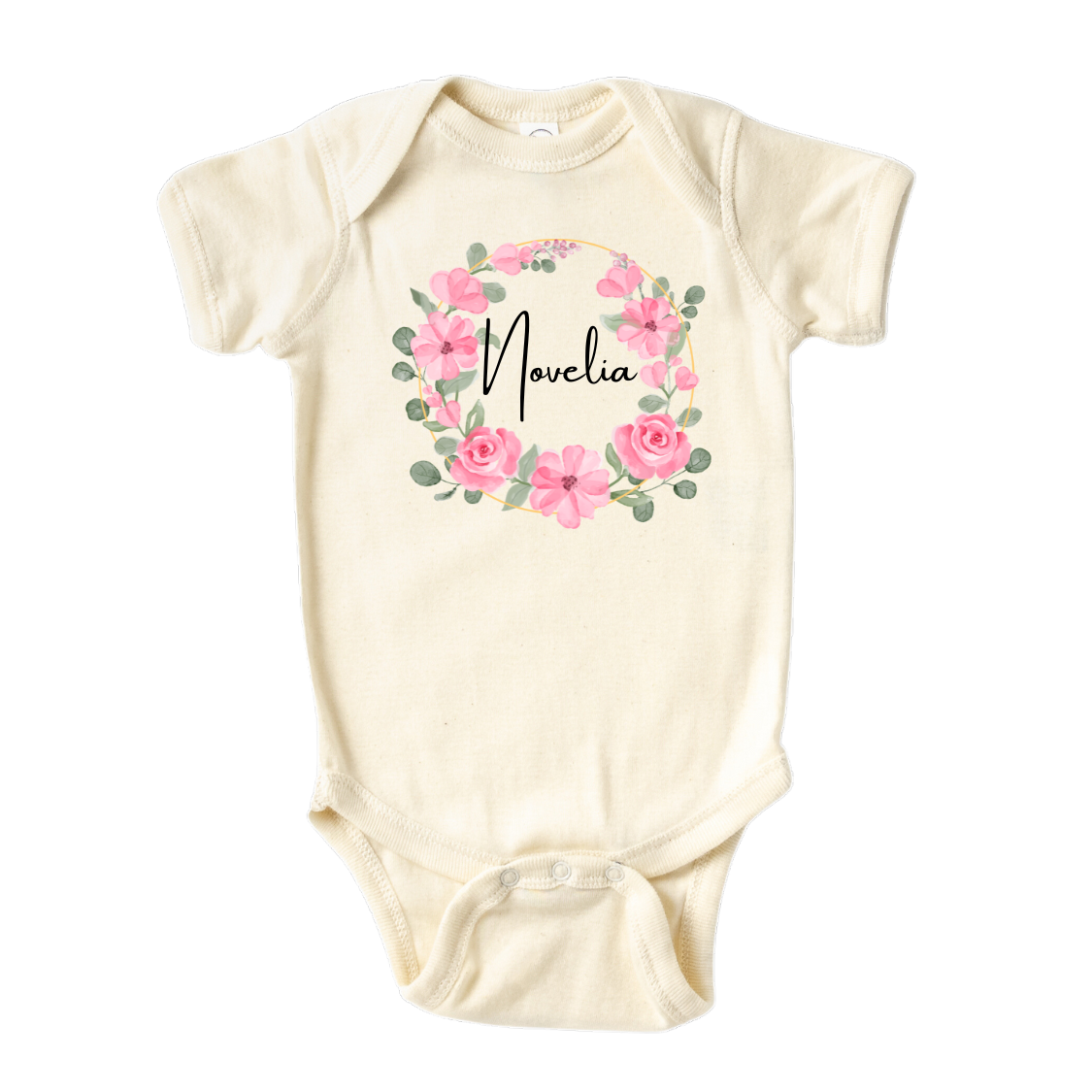 Kid's t-shirt with a cute pink floral wreath design, customizable with names.