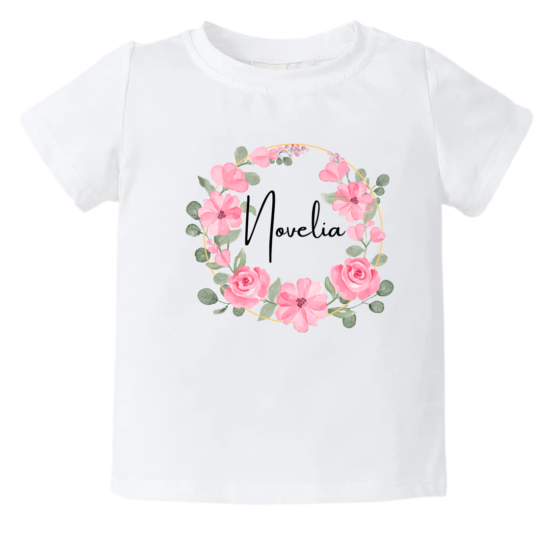 Kid's t-shirt with a cute pink floral wreath design, customizable with names.