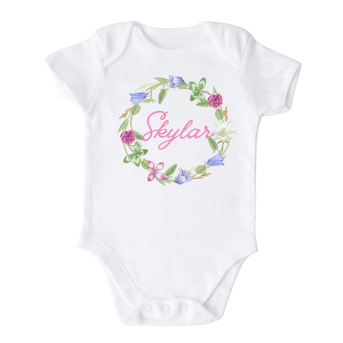 Kid's t-shirt with a cute floral wreath design, customizable with names.