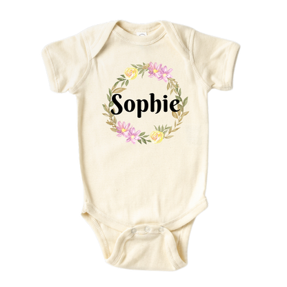 Kid's t-shirt with a cute flower wreath design, customizable with names.