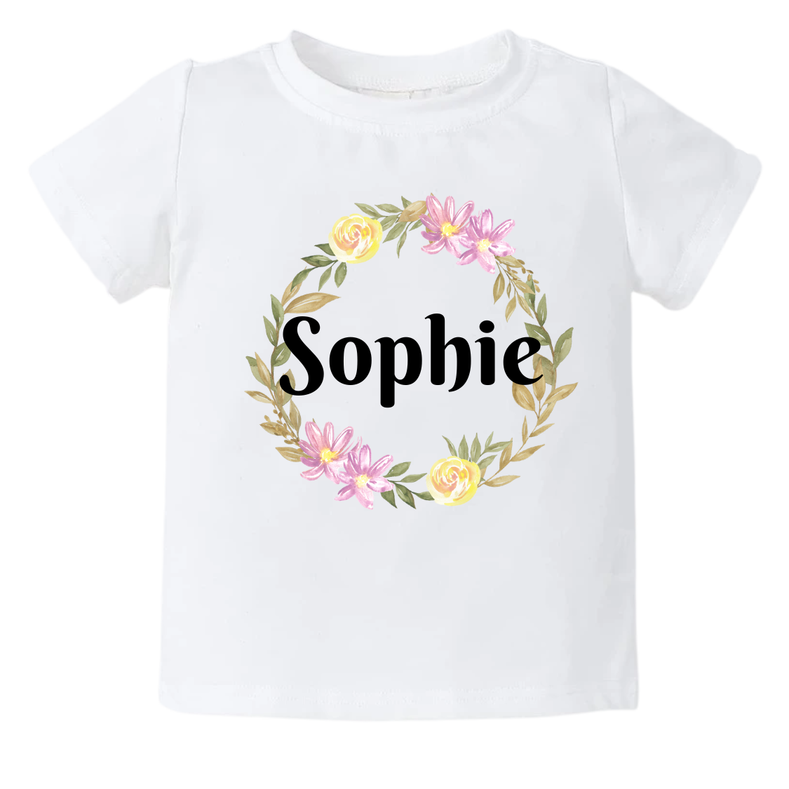 Kid's t-shirt with a cute flower wreath design, customizable with names.